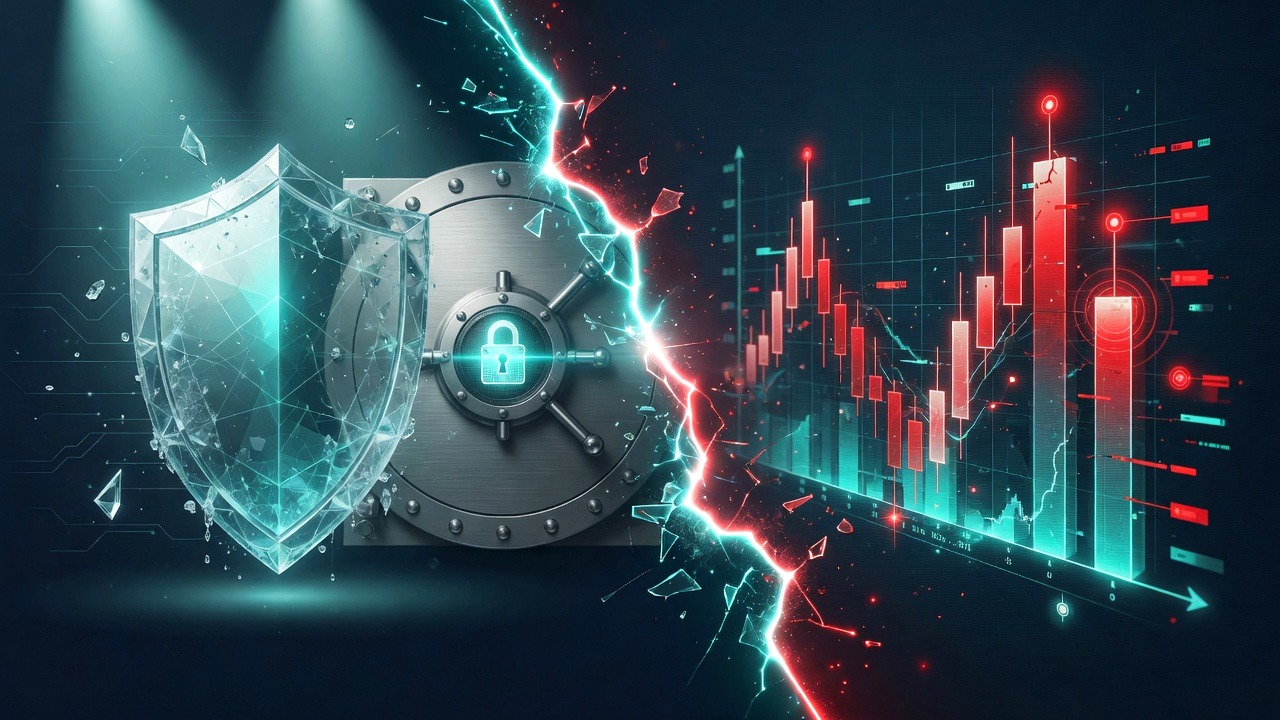 Illustration contrasting a locked vault of access controls with a volatile candlestick chart representing outcome risk